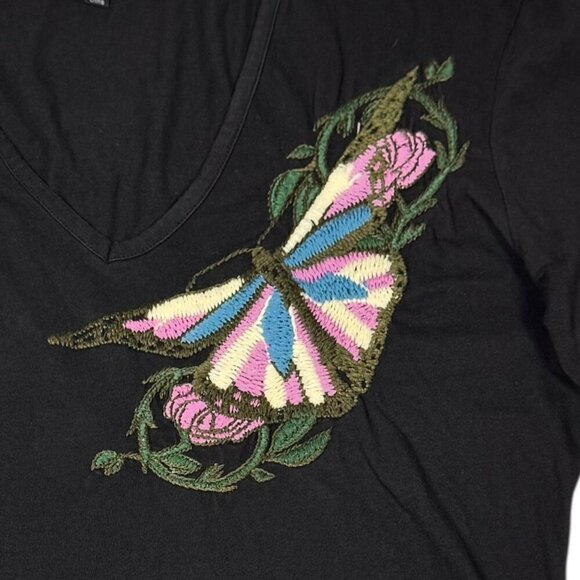 VTG Y2K Till The End Embroidered Tee Sz.L Black V-Neck Butterfly Fairy Grunge - Picture 5 of 12